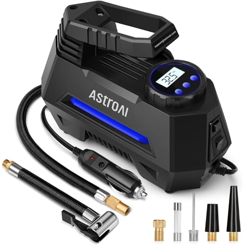 AstroAI Tire Inflator Portable Air Compressor Air Pump for Car Tires-Car Accessories, 9.8Ft Cord-12V DC-Powered Auto Pump with Digital Pressure Gauge, Emergency LED Light for Bicycle, Balloons, Blue