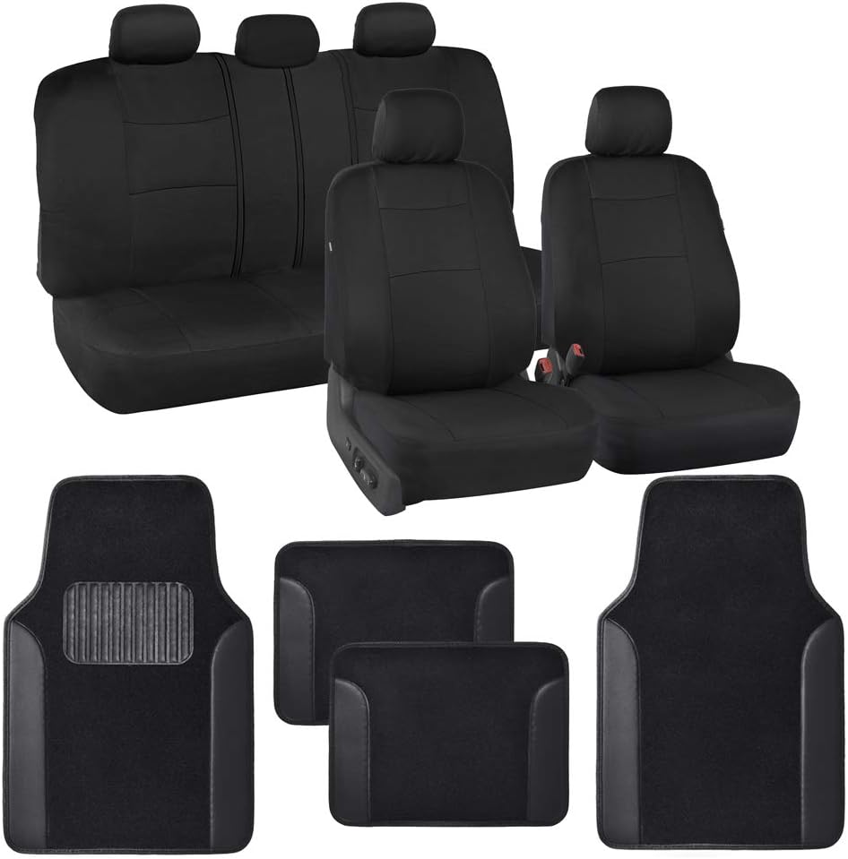 BDK PolyPro Black Car Seat Covers Full Set with Matching Carpet Floor Mats - Automotive Seat Covers for Cars Trucks SUV - Includes Split Bench Rear Seat Cover - Interior Car Accessories