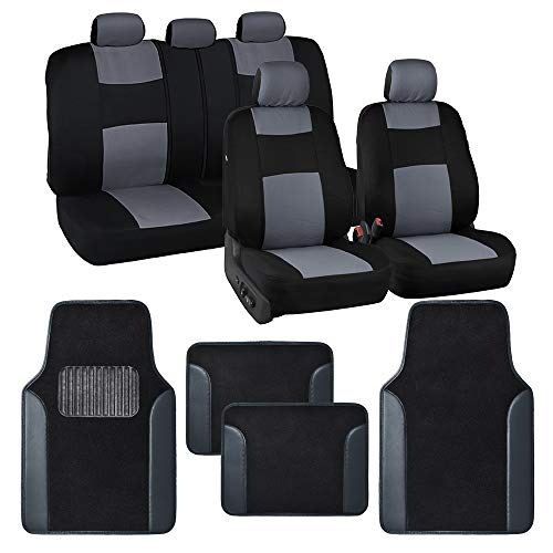 BDK PolyPro Black/Gray Car Seat Covers Full Set with Matching Carpet Floor Mats - Automotive Seat Covers for Cars Trucks SUV - Includes Split Bench Rear Seat Cover - Interior Car Accessories