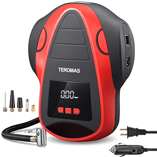 TEROMAS Tire Inflator Portable Air Compressor, Air Pump DC/AC for Car Tires 12V DC and Other Inflatables at Home 110V AC, Digital Electric Tire Pump with Pressure Gauge(Red)