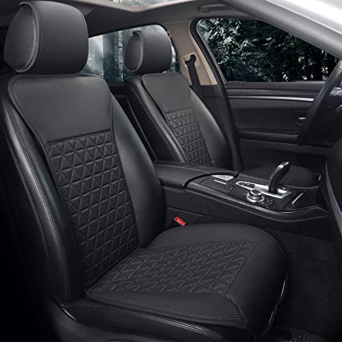 Black Panther 1 Pair Luxury PU Car Seat Covers Protectors for Front Seats, with Partial Backrest Coverage (Middle Part Only), Triangle Pattern, Compatible with 95% Cars - Black