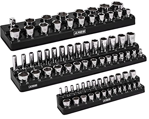 ARES 60034-3-Piece Black Metric Magnetic Socket Organizer Set - Includes 1/4-Inch, 3/8-Inch, and 1/2-Inch Socket Holders - Holds Standard Size and Deep Size Sockets - Keeps Your Tool Box Organized