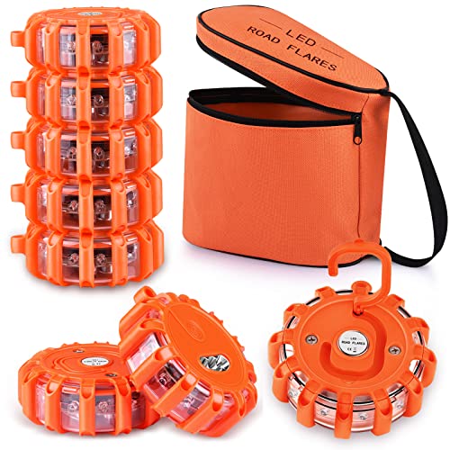 AK [8 Pack LED Road Flares Safety Flashing Warning Light Roadside Emergency Disc Beacon Kit for Vehicles Boats with Magnetic Base & Hook, Premium Storage Bag (Batteries Not Included) (8)