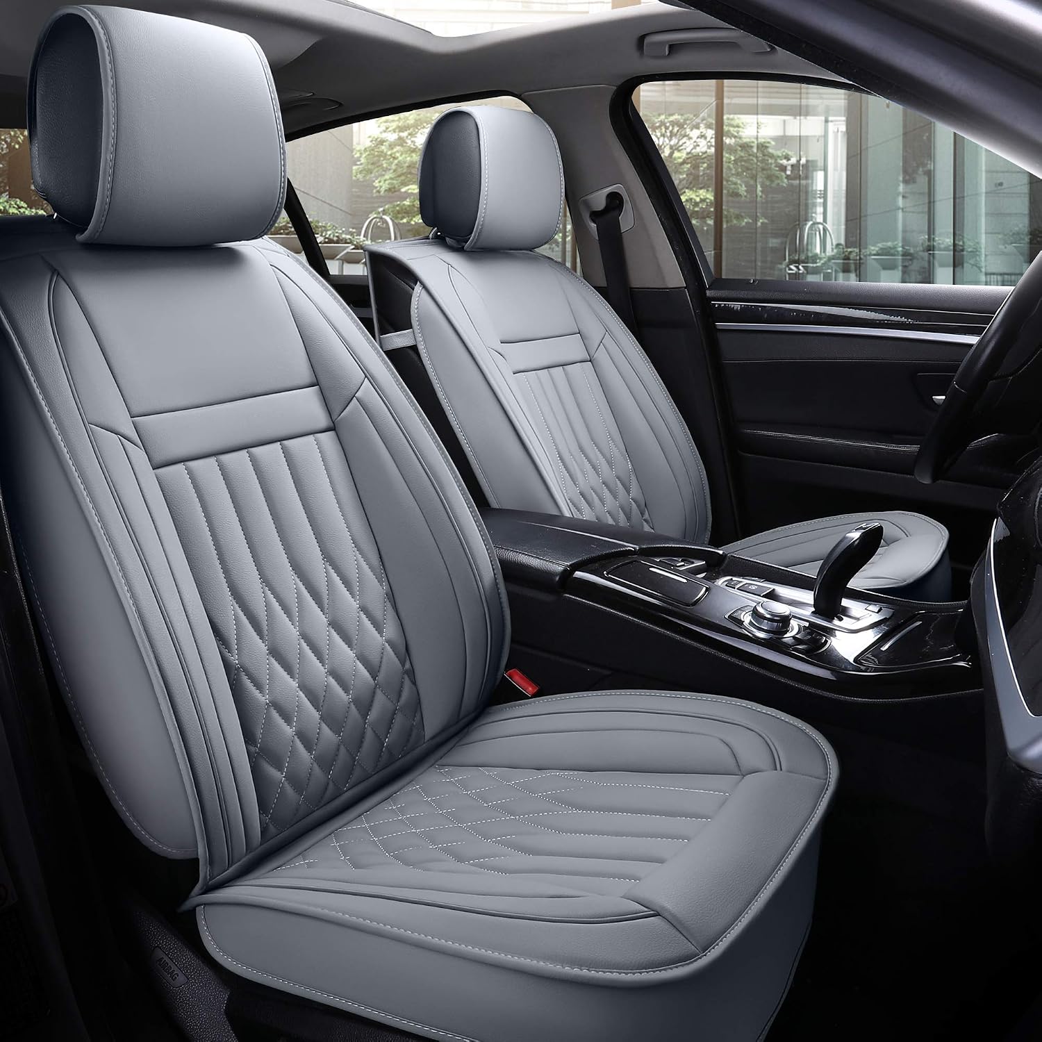 Aierxuan Car Seat Covers Full Set 5pcs with Waterproof Leather,Airbag Compatible Automotive Vehicle Cushion Cover Universal fit for Most Cars (Grey)