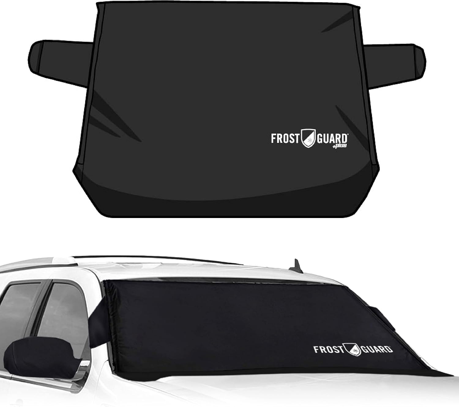 FrostGuard Plus | Winter Windshield Cover for Ice and Snow, XL Size (Black) - Built-in Security Panels, Wiper Blade Coverage + Mirror Covers - Fits XL Size Cars, Trucks and SUVs, 68 x 41 Inches