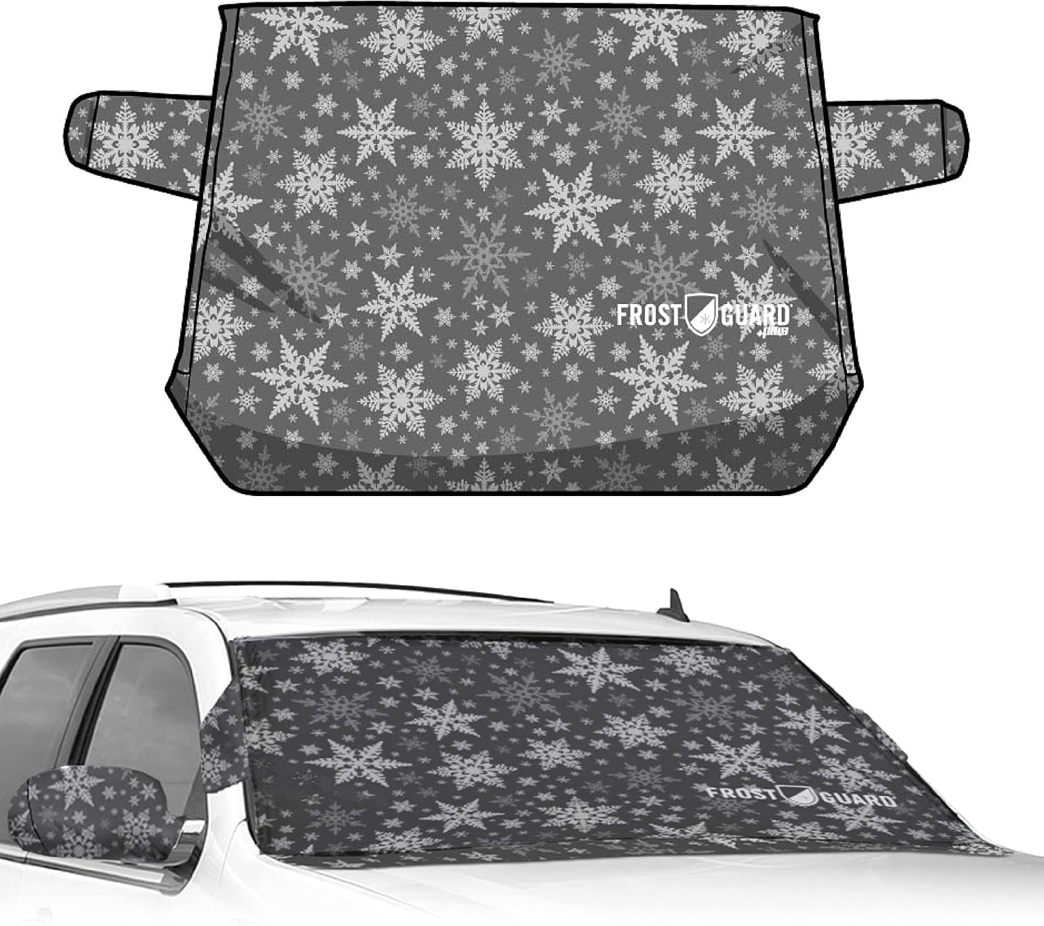 FrostGuard Plus | Winter Windshield Cover for Ice and Snow, XL Size (Snowflake) - Built-in Security Panels, Wiper Blade Coverage + Mirror Covers - Fits XL Size Cars, Trucks and SUVs, 68 x 41 Inches