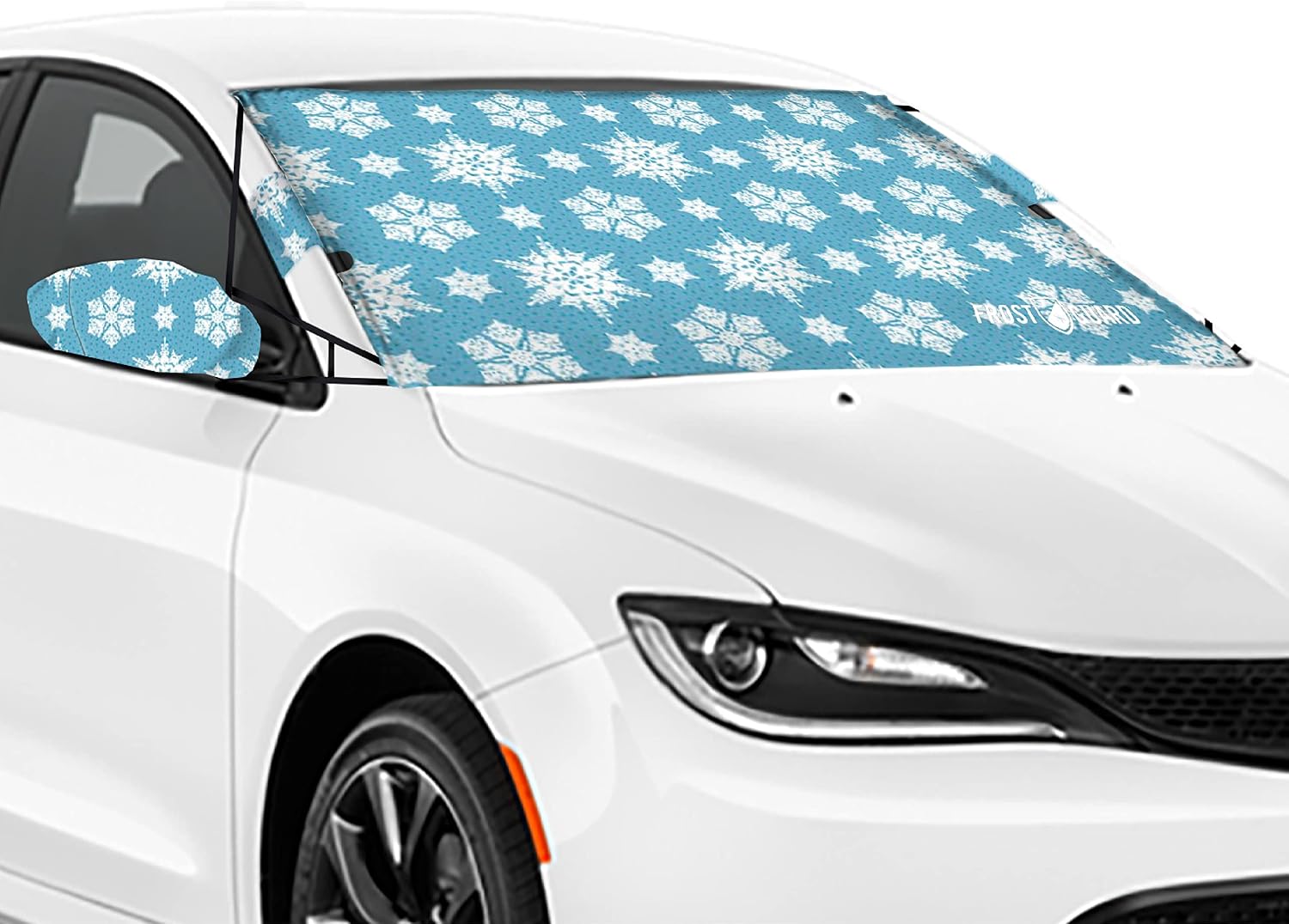 FrostGuard Vortex | Full-Coverage Car Windshield Cover for Ice and Snow, Standard Size (Snowy Lace) - Wiper Blade + Side Mirror Covers - Fit-Fast Straps, Security Panels + Storage Pouch - 59x41 Inches