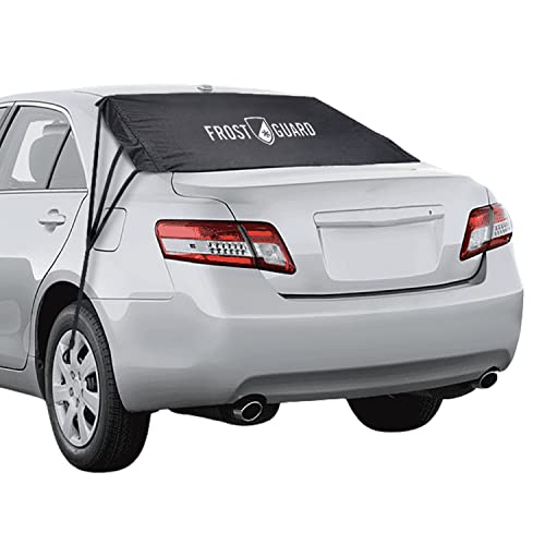 FrostGuard Rear Windshield Cover for Ice and Snow, for Sedans - Rear Window Cover to Reduce Scraping, with Elastic to Conform to Vehicle's Shape - Secure Hooks for A Tight Fit - Black, 50 x 32 Inches