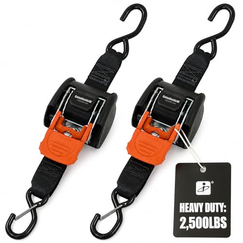 CargoBuckle G3 2-Inch Retractable Ratchet Tie-Down System - Heavy Duty Straps with Dual S-Hooks, 2,500 lbs Break Strength, 2-Pack