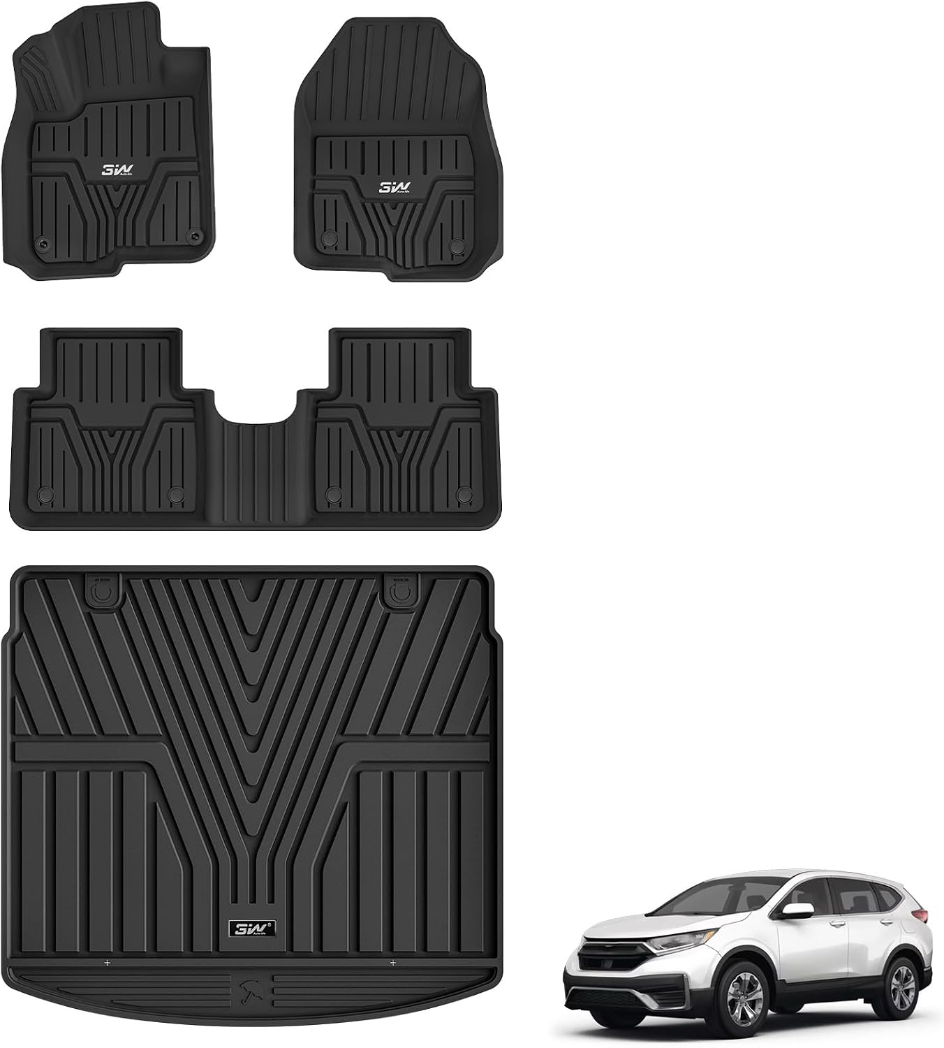 3W Floor Mats & Cargo Liner Fit for Honda CR-V 2017-2022(Not Fit for Hybrid), All Weather TPE Custom Fit Floor Liner 1st, 2nd Row and Full Set Trunk Car Mats Black