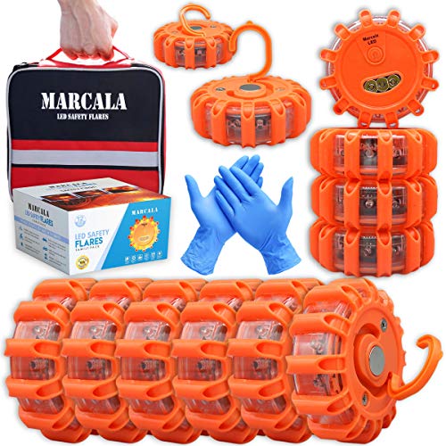 MARCALA Emergency Flares for Cars 12-Pack | Roadside Emergency Car Kit with Flares | Roadside Safety Discs | LED Safety Flare Emergency Lights | Complete Safety Disc Kit | Seen from a Mile Away