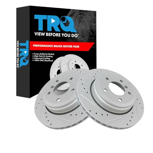 TRQ Rear Brake Rotor Set G Coated Vented Drilled Slotted Compatible with 2004-2007 BMW 525i 530i 2008-2009 528i
