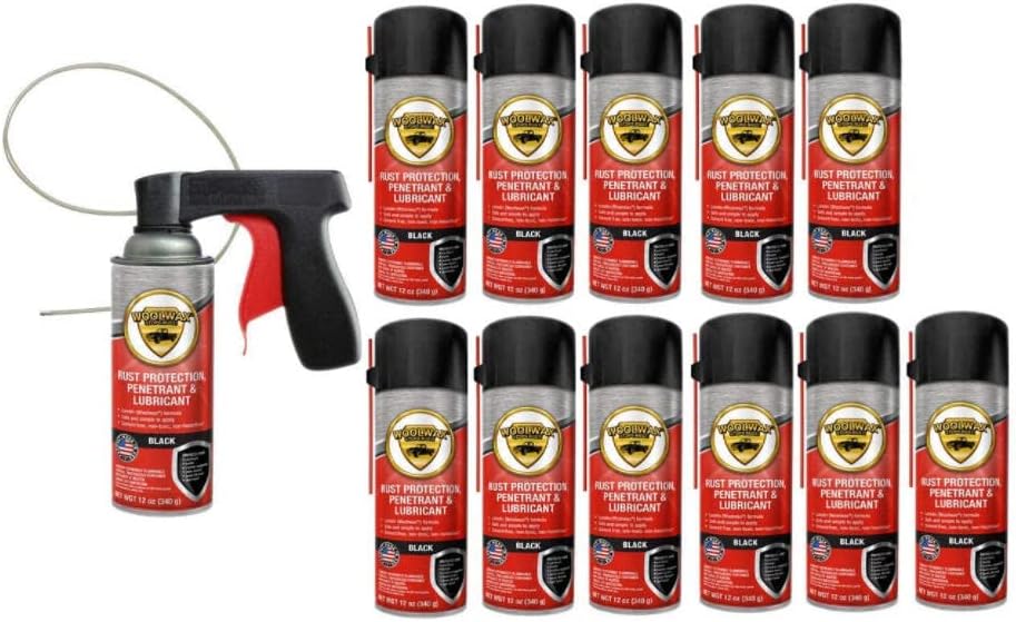 woolwax 12 Oz Undercoating (12) Cans Lanolin Aerosol Spray Black Rust Inhibitor and Prevention, Anti Corrosion Lubricant, Spray Can Extension Wand with Spray Trigger