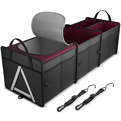 K KNODEL Sturdy Car Trunk Organizer with Premium Insulation Cooler Bag, 3 Compartments Heavy Duty Collapsible for Car, SUV, Truck, or Van (Large, Red)