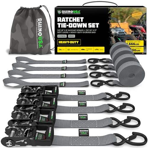 Rhino USA Ratchet Straps Heavy Duty Kit (4-Pack) - 1.6 Inch x 8 Feet (5,208lb Break Strength) - Ultimate Tie Down Straps with Safety S Hooks for Trucks, ATV, UTV, Motorcycle, Cargo & More - Gray