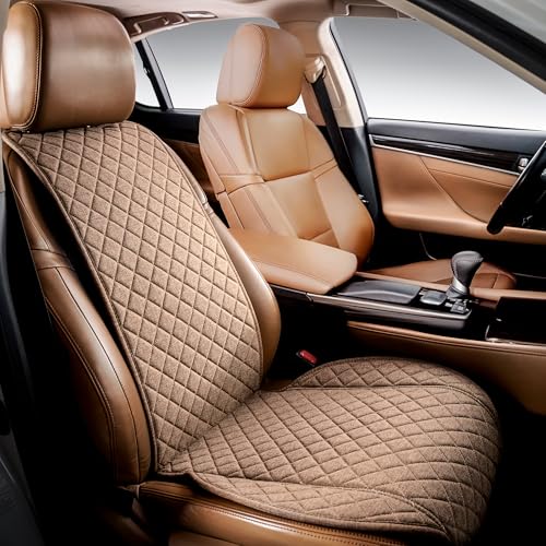 IVICY Faux Linen Car Seat Cover for Cars - Durable & Non-Slip - Front Car Seat Protector Covers for Most Automotive, Vans, SUVs, Trucks - 1 Unit  Light Brown
