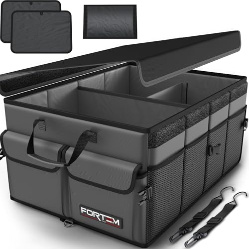 FORTEM Car Trunk Organizer, Collapsible Multi Compartment SUV Organizer, Foldable Storage for Car Accessories for Women Men, 600D Polyester, Sturdy Box Design, Non Slip Bottom, Securing Straps, Soft Cover (65L)