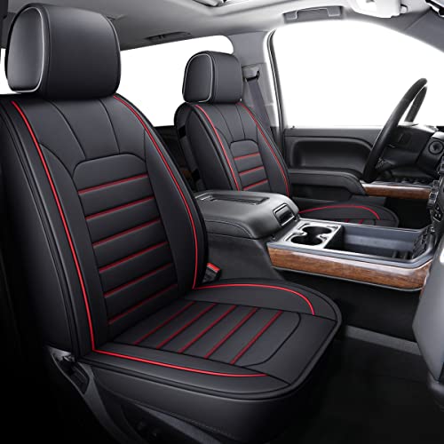 LUCKYMAN CLUB 2 Front Silverado Seat Covers Fit for 2007-2025 Sierra Chevy Silverado 1500 2500 3500 with Water Proof Faux Leather (Black & Red 2 PCS)