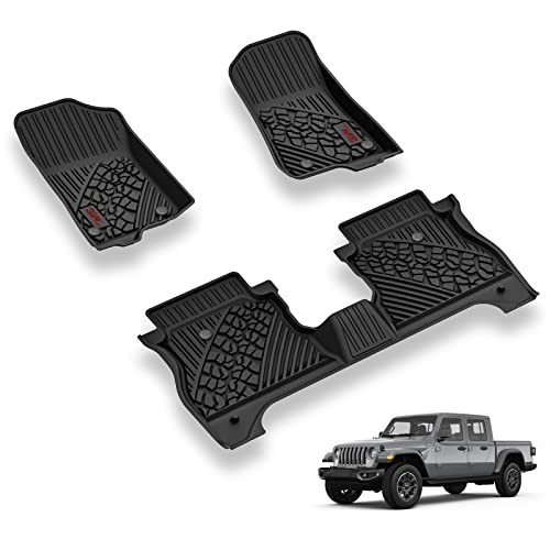 3W Floor Mats Compatible for Jeep Gladiator 2020-2024 2025, Custom Fit TPE All Floor Liner for Weather Jeep Gladiator,1st & 2nd Row Full Set Car Liners with Red Logo,Black