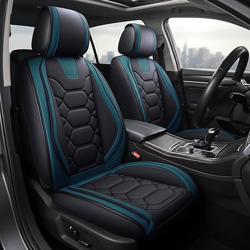 OASIS AUTO Car Seat Covers Premium Waterproof Faux Leather Cushion Universal Accessories Fit SUV Truck Sedan Automotive Vehicle Auto Interior Protector Front Pair (OS-004 Black&Teal)