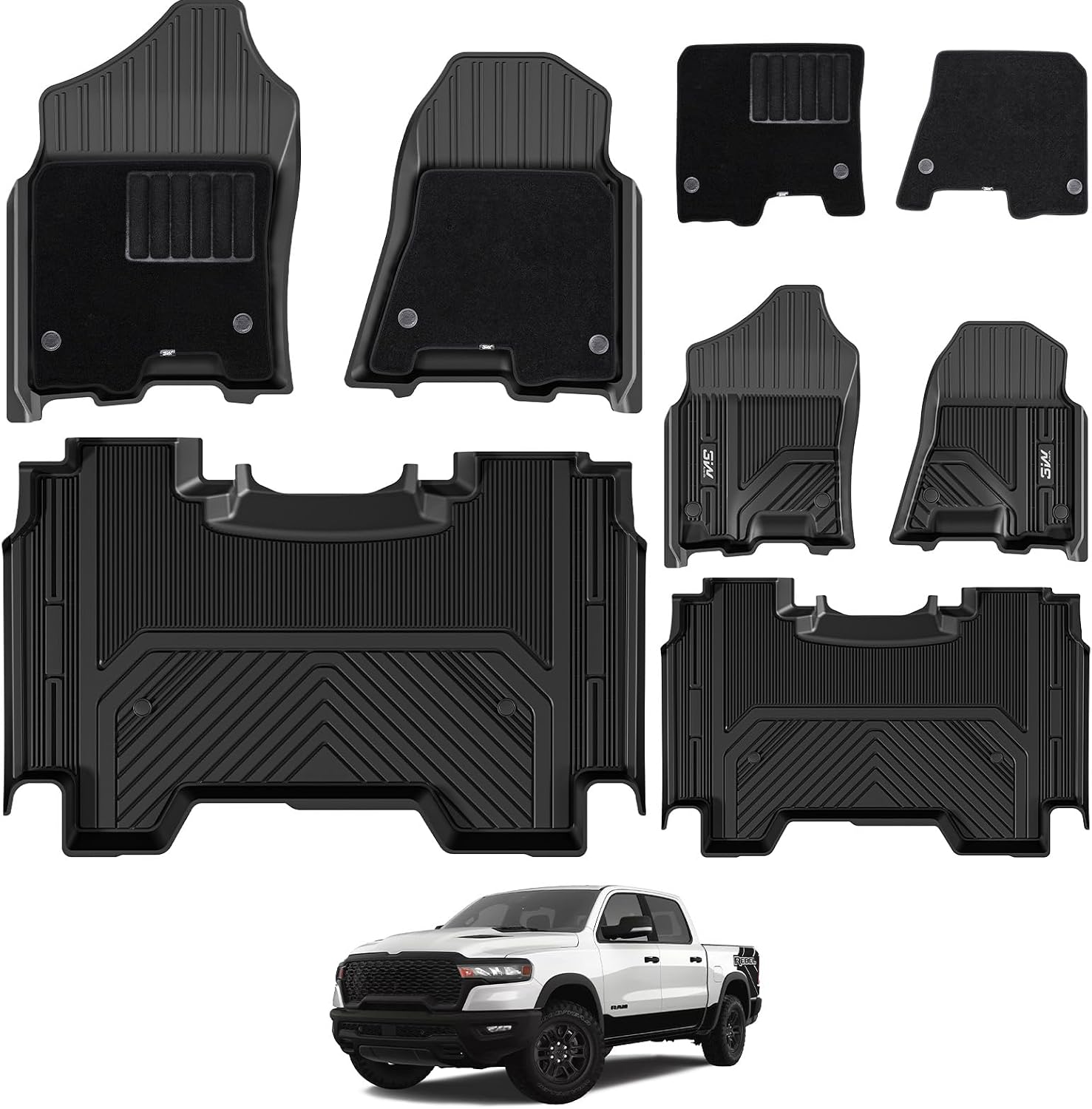 3W Dodge Ram 1500 Floor Mats & Fornt Carpet for 2019-2024 with Original Storage Under Rear Seat All Weather Floor Liner Car Accessories Ram 1500 New Body Crew Cab (Not for Classic Models)