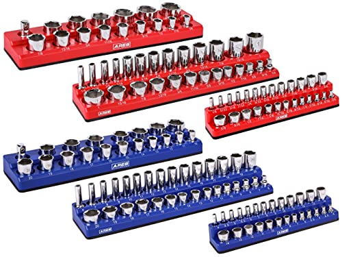 ARES 60058-6-Piece Magnetic Socket Organizers - Metric and SAE Set Blue and Red -1/4 in, 3/8 in, 1/2 in Socket Holders -143 Pieces of Standard (Shallow) and Deep Sockets -Organize Your Tool Box