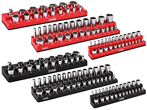 ARES 60057-6-Piece Magnetic Socket Organizers - Metric and SAE Set Black and Red -1/4 in, 3/8 in, 1/2 in Socket Holders -143 Pieces of Standard (Shallow) and Deep Sockets -Organize Your Tool Box