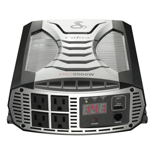 Cobra PRO 2500W Professional Grade Power Inverter, Portable  2500-Watt Car Charger, 4 Grounded AC Outlets, 2 Fast Charge USB Ports and Remote Controller (CPIALCDG1) Compatible