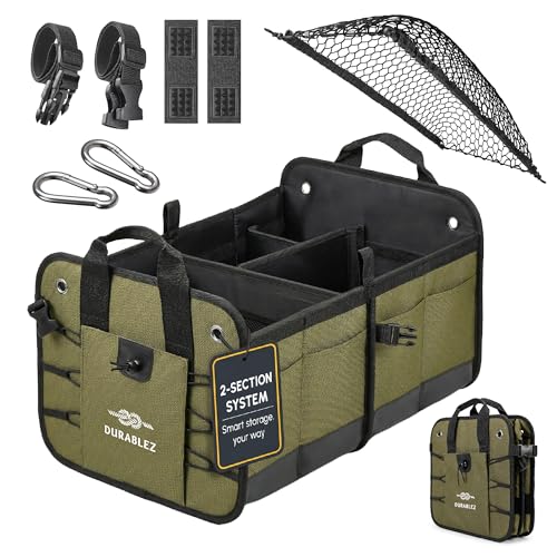 Car Trunk Organizer - Collapsible, Foldable - with Covering Net, Removable Dividers, Attachable Non-Slip Pads, Mounting Straps, and Stainless Hooks - for SUV, Truck, Sedan, Minivan, and Van - Green