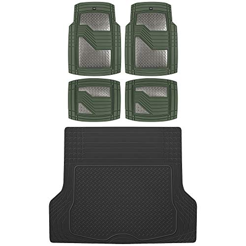 BDK CAT Heavy Duty All Weather Tough Rubber Car Floor Mats, Metallic Design Floor Mats, Universal Fit Trim-to-Fit 4-Piece Front & Rear Set with Trunk Cargo Mat Liner for Cars Trucks Sedans SUVs Vans