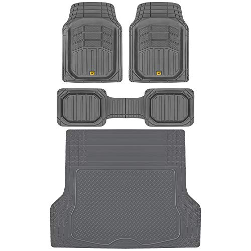 BDK Cat CAMT-9013 (3-Piece) Large Heavy Duty Rubber Car Floor Mats with Trunk Cargo Liner, Trim to Fit Front & Rear Combo Set for Car Sedan SUV Van, All Weather Gray