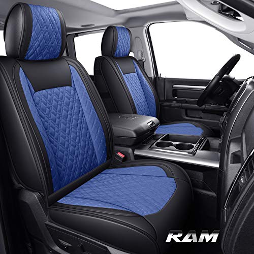 YIERTAI 5pcs Car Seat Covers Compatible with Dodge Ram Custom Fit 2009-2025 1500 2010-2025 2500 3500 Pickup Mega Cab Classic Bighorn Laramie Waterproof Leather, Full Set Black-Blue