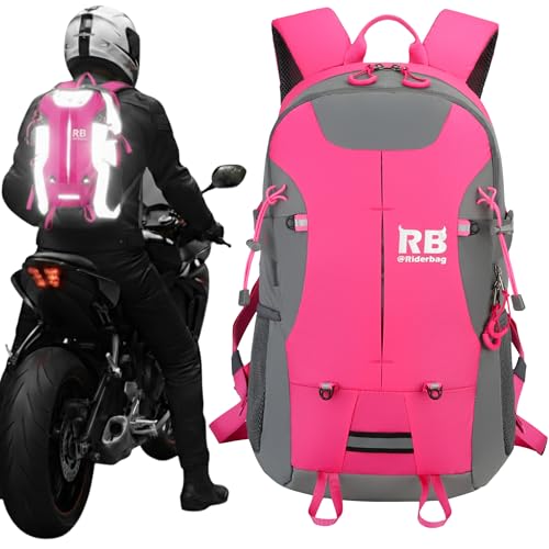Reflective Motorcycle Backpack  Lightweight Hi Viz Riding Gear with Helmet Holder, Laptop pocket, Ventilated Back, Cycling, Hiking, Sport & Commuter Daypack (pink backpack)
