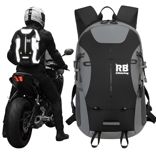 Reflective Motorcycle Backpack  Lightweight Hi Viz Riding Gear with Helmet Holder, Laptop pocket, Ventilated Back, Cycling, Hiking, Sport & Commuter Daypack (black backpack)