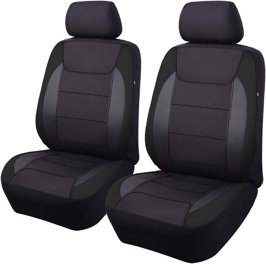 Flying Banner car seat Covers Quality Carbon Fiber Air Mesh Fabric Sport Low High Back Bucket Back Pocket Arm Rest (2 Fronts - Low Bucket, Black)