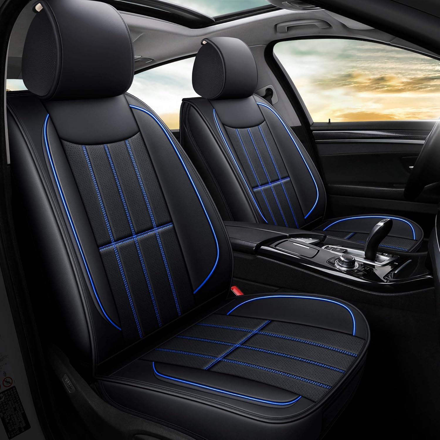 AOOG Leather Car Seat Covers for Cars SUV Pick-up Truck, Universal (Black & Blueline, Front Pair)
