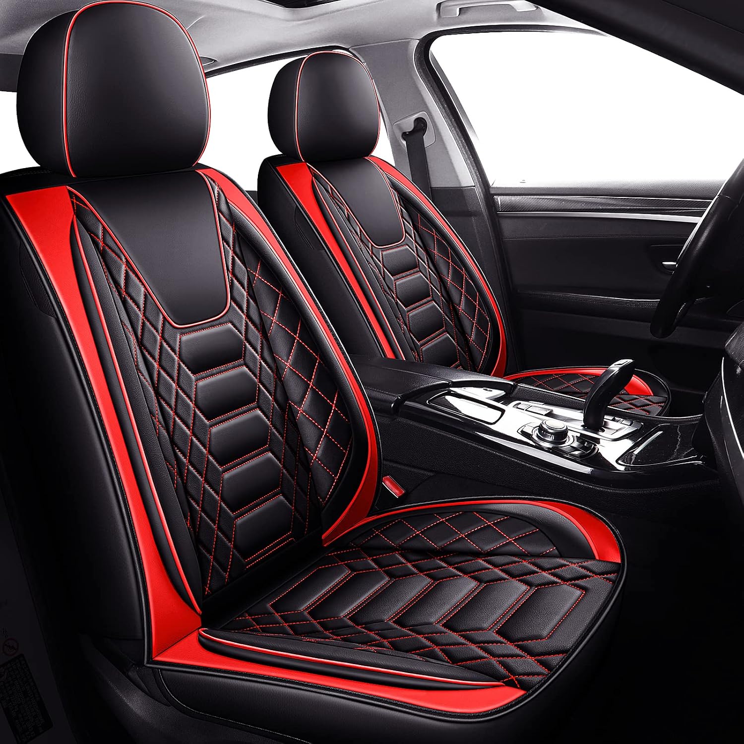 FREESOO Car Seat Covers Leather, Seat Cover Full Set Waterproof Automotive Cushion Protector Accessories Airbag Compatible Universal Fit for 5 Seats Vehicle (Black Red 8)