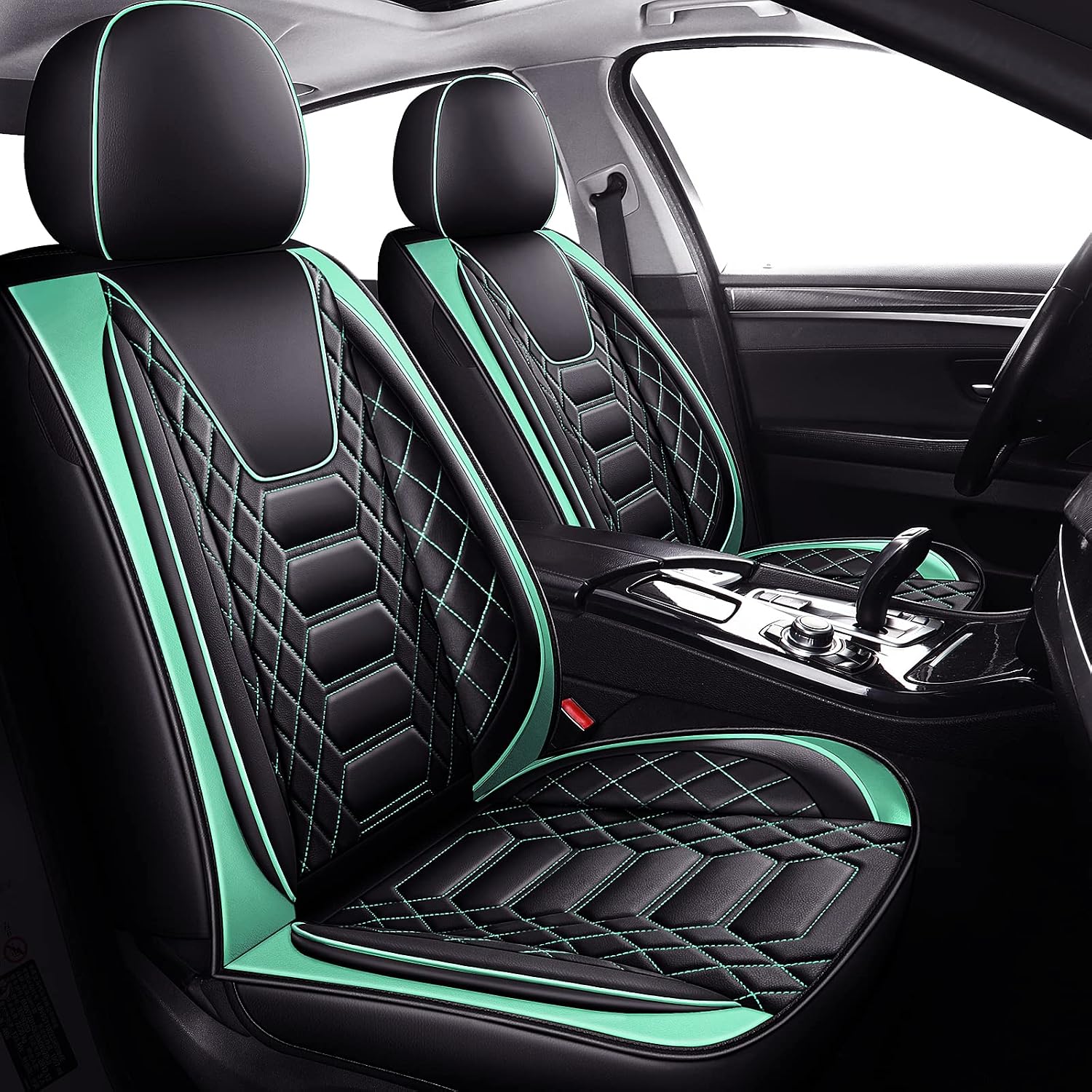 FREESOO Car Seat Covers Leather, Seat Cover Full Set Waterproof Automotive Cushion Protector Accessories Airbag Compatible Universal Fit for 5 Seats Vehicle (Black Green 8)