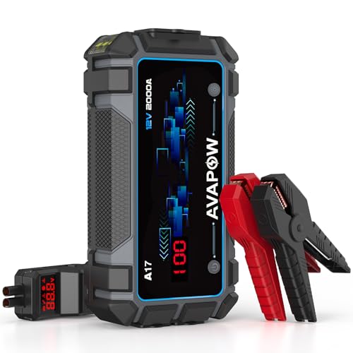 AVAPOW Car Jump Starter Battery Jumper Starter Portable Jump Boxes Car Battery Jump Starter Battery Pack with Jumper Cable 2000A for Vehicles (12V 8L Gas/6.5L Diesel Engine), LED Light/USB QC3.0