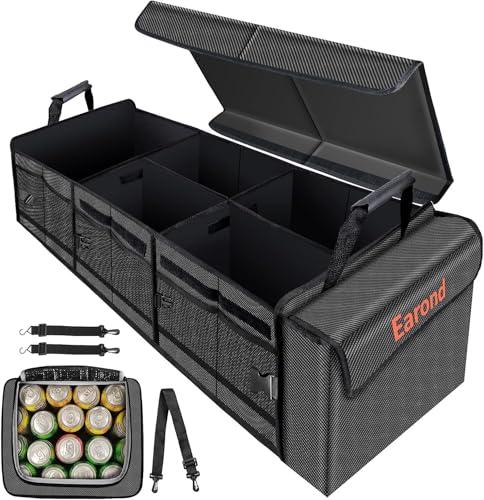 Car Trunk Organizer with Portable Leakproof Cooler Bag,Foldable Cover,Adjustable Securing Straps,Collapsible for Car,SUV,Truck and Other Vehicles(4-in-1 with Cooler)