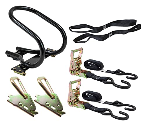 Mytee Products 6 Pc Motorcycle Kit - 1 E-Track Motorcycle Wheel Chock, 1 Motorcycle Handle Bar Straps (Pair), 2 E-Track D Ring, 2 Ratchet Straps with S-Hook