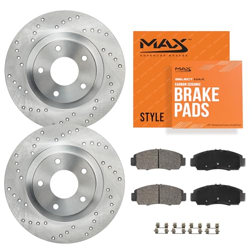 Max Advanced Brakes Rear Brake Kit Compatible With 2019 2020 2021 2022 2023 Chrysler Grand Caravan Pacifica Voyager Replacement Cross Drilled Disc Brake Rotors and Ceramic Brake Pads