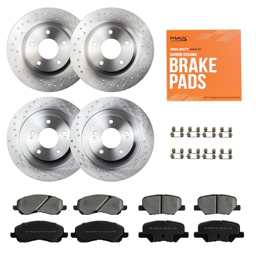 Max Advanced Brakes Front & Rear Brake Kit Compatible With 2014-2019 2020 Mitsubishi Outlander/Outlander Sport RVR Replacement Cross Drilled Disc Brake Rotors and Ceramic Brake Pads