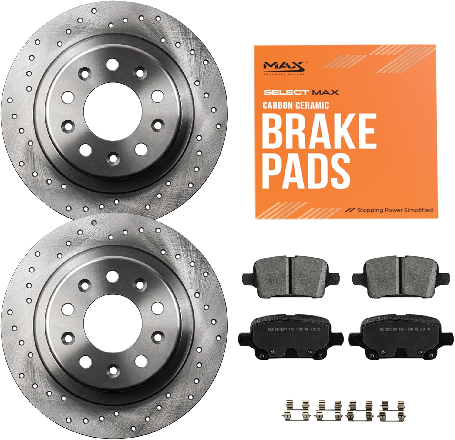 MAX Advanced Brakes - Rear Brake Kit For 2018-2021 Chevrolet Equinox, 2018-2021 GMC Terrain| Carbon Ceramic Brake and Rotor Kit| Daily Performance Cross-Drilled Brake Rotors