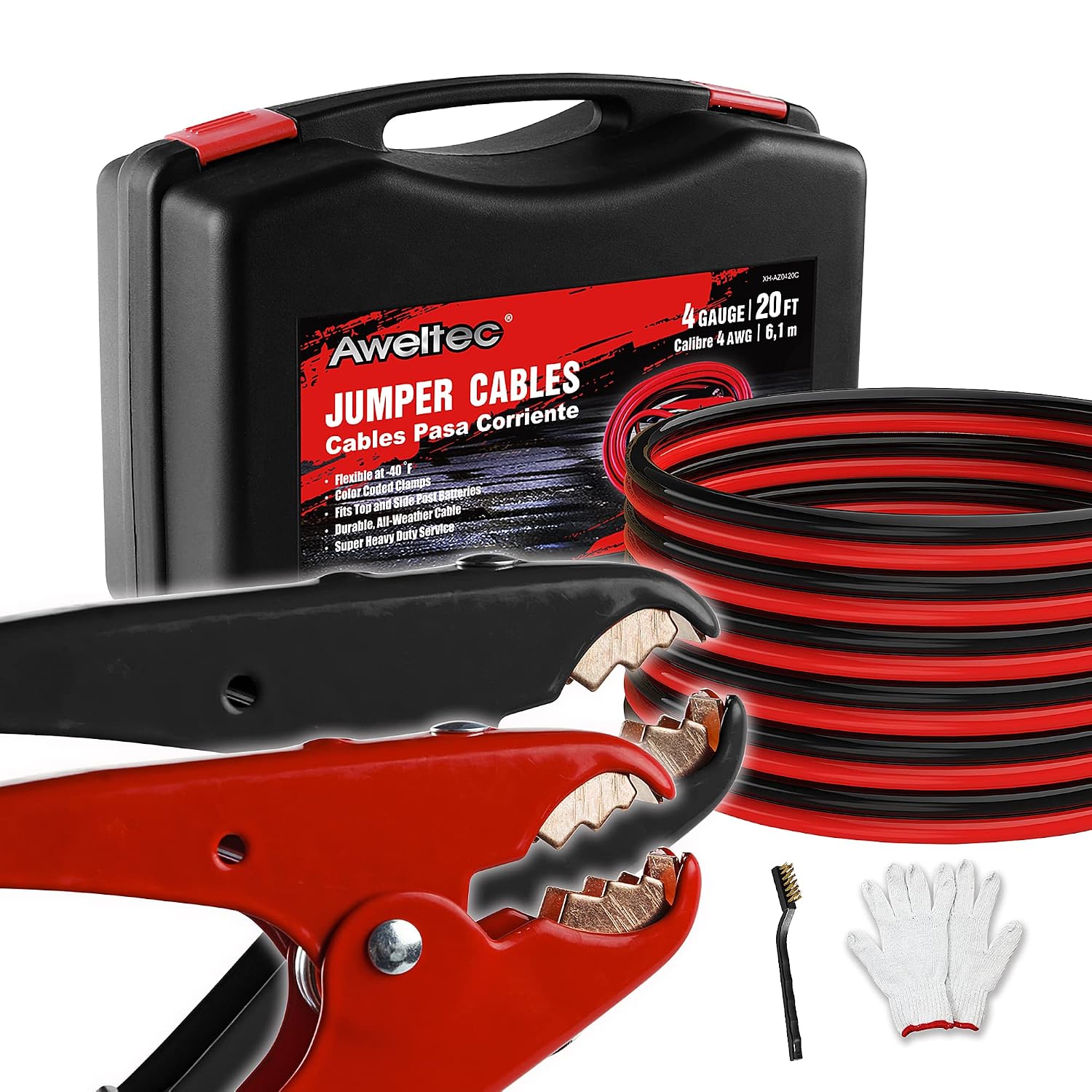 100% Pure Copper Jumper Cables 4 Gauge 20 Feet - Heavy Duty Battery Booster Cable 800 AMP with Carry Bag, Safety Gloves and Iron Brush Included(Copper 4AWG x 20FT)