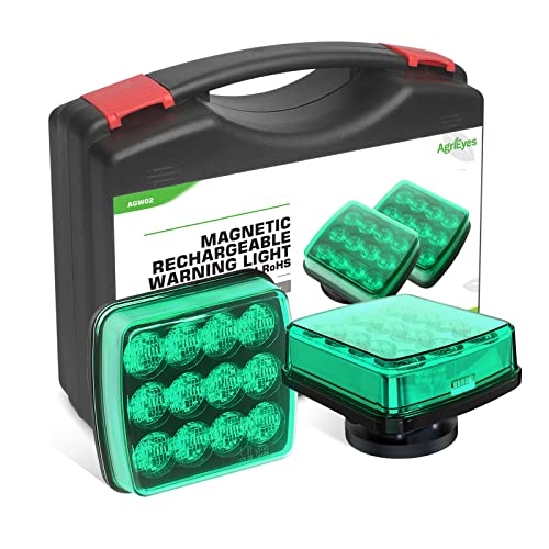 Agrieyes 2Pcs Wireless Emergency Strobe Lights for Trucks,Vehicles, Rechargeable Led Beacon Lights with Super Magnetic, Plow Flashing Hazard Warning Light for Tractor,Automotive, Boat (Green)