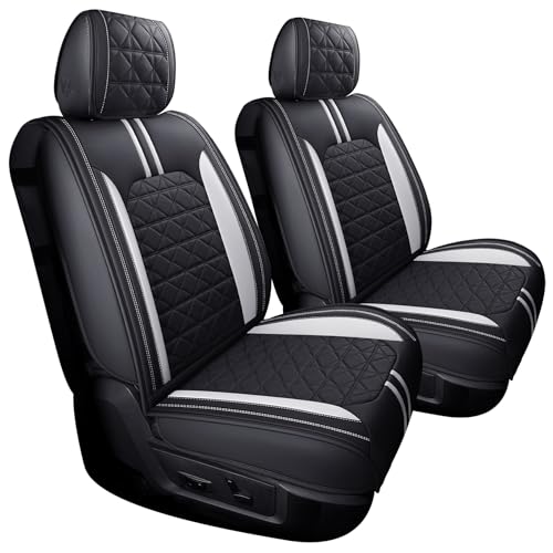 YIERTAI Truck Seat Covers for Dodge RAM fit 2009-2025 1500 2500 3500HD Limited Laramie Classic Bighorn Longhorn Crew Double Quad Cab Mega Cab Waterproof Leather(2 PCS Front only/Black-White)