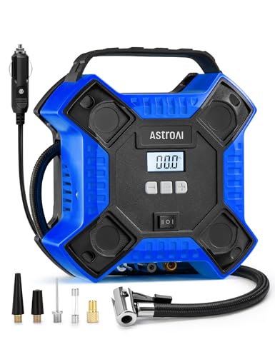 AstroAI Air Compressor Tire Inflator Portable Air Pump for Car Tires, 12V DC Integrated Metal Structure Tire Pump 160PSI with LED Light for Cars, Bicycles, Motorcycles, and Other Inflatables(Blue)