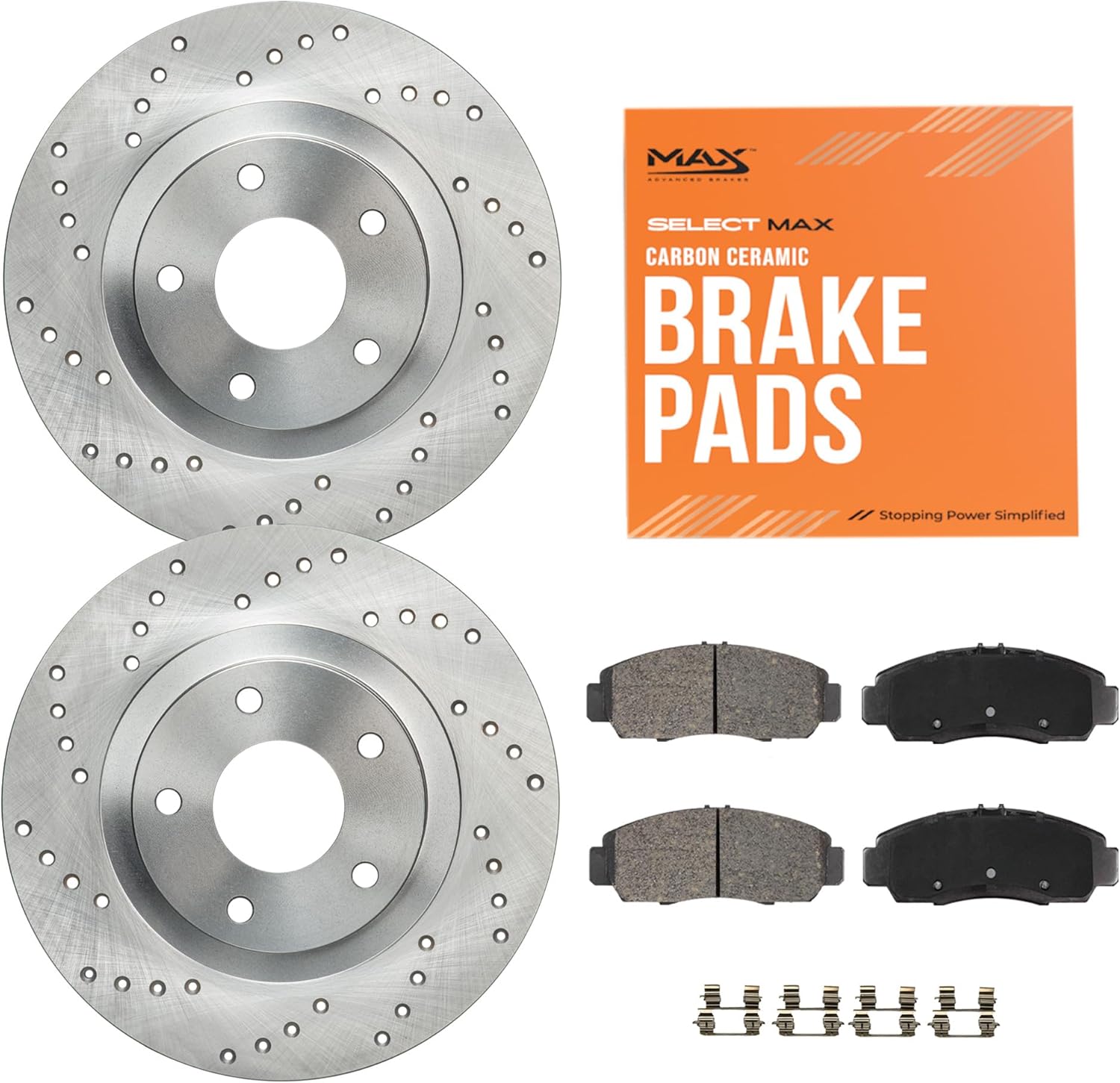 Max Advanced Brakes Front Brake Kit Compatible With 2015-2021 Kia Sedona | Cross Drilled Disc Brake Rotors and Ceramic Brake Pads