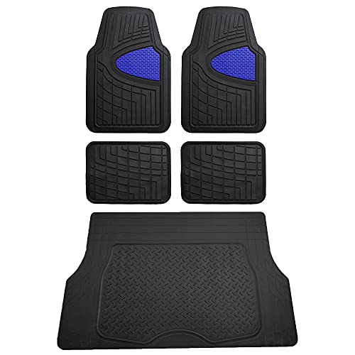 FH Group Premium Liners Tall Channel Trimmable All Weather Rubber Full Set Car Floor Mats (Blue) w. Trimmable All-Season Cargo Liner (Black) - Universal Fit for Cars Trucks and SUVs
